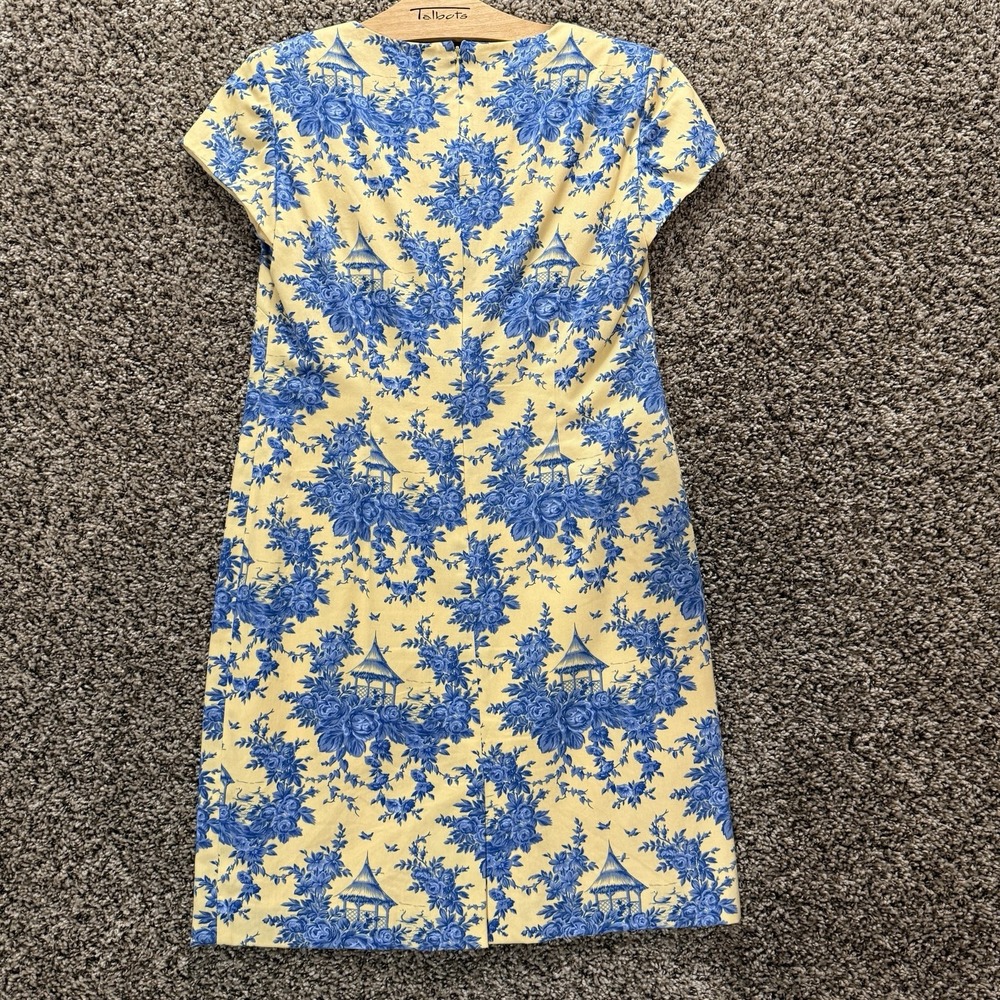 Talbots Petites Size 2 Yellow Blue Toile‎ Print Shift Dress Cotton V-Neck Floral - Picture 7 of 12